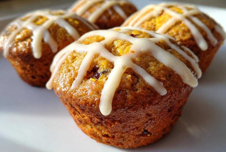 Close-up of four golden brown Gluten-Free Hot Cross Bun Muffins topped with white cross icing on a white plate.