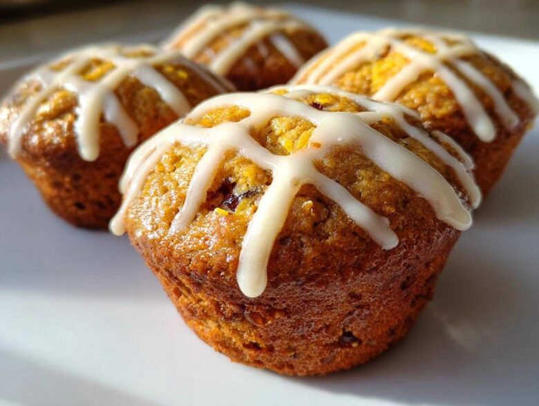 Close-up of four golden brown Gluten-Free Hot Cross Bun Muffins topped with white cross icing on a white plate.