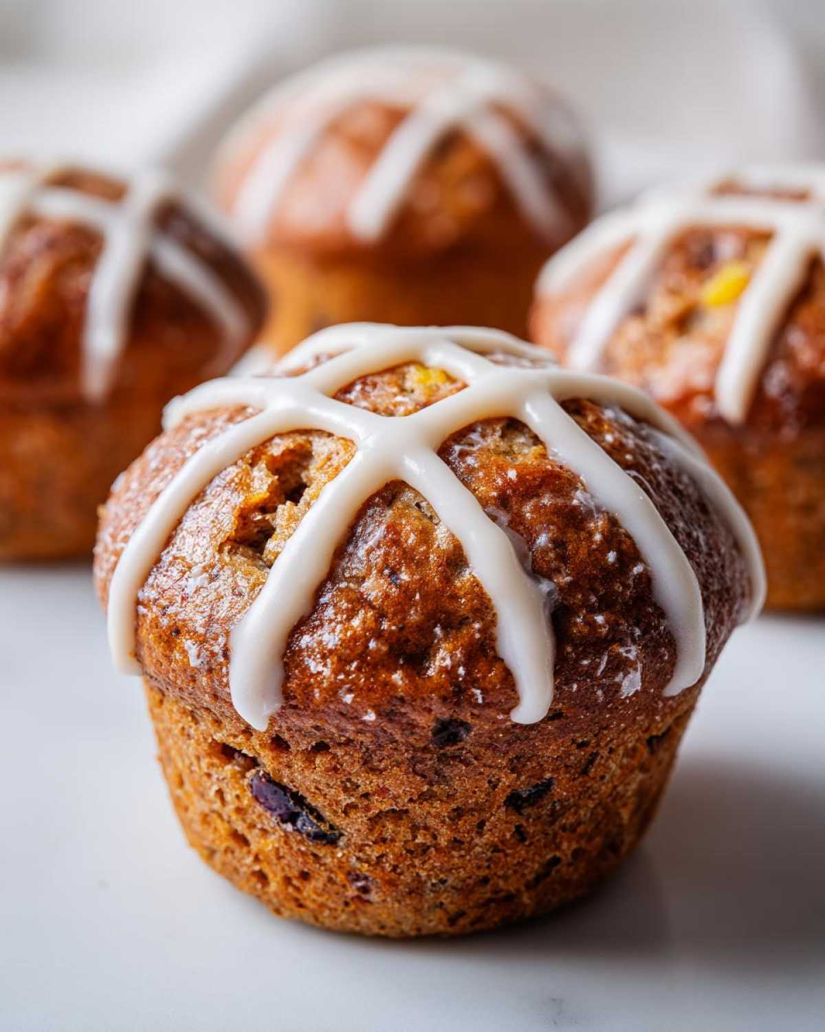 A close-up of a freshly baked Gluten-Free Hot Cross Bun Muffin topped with a white cross of icing.