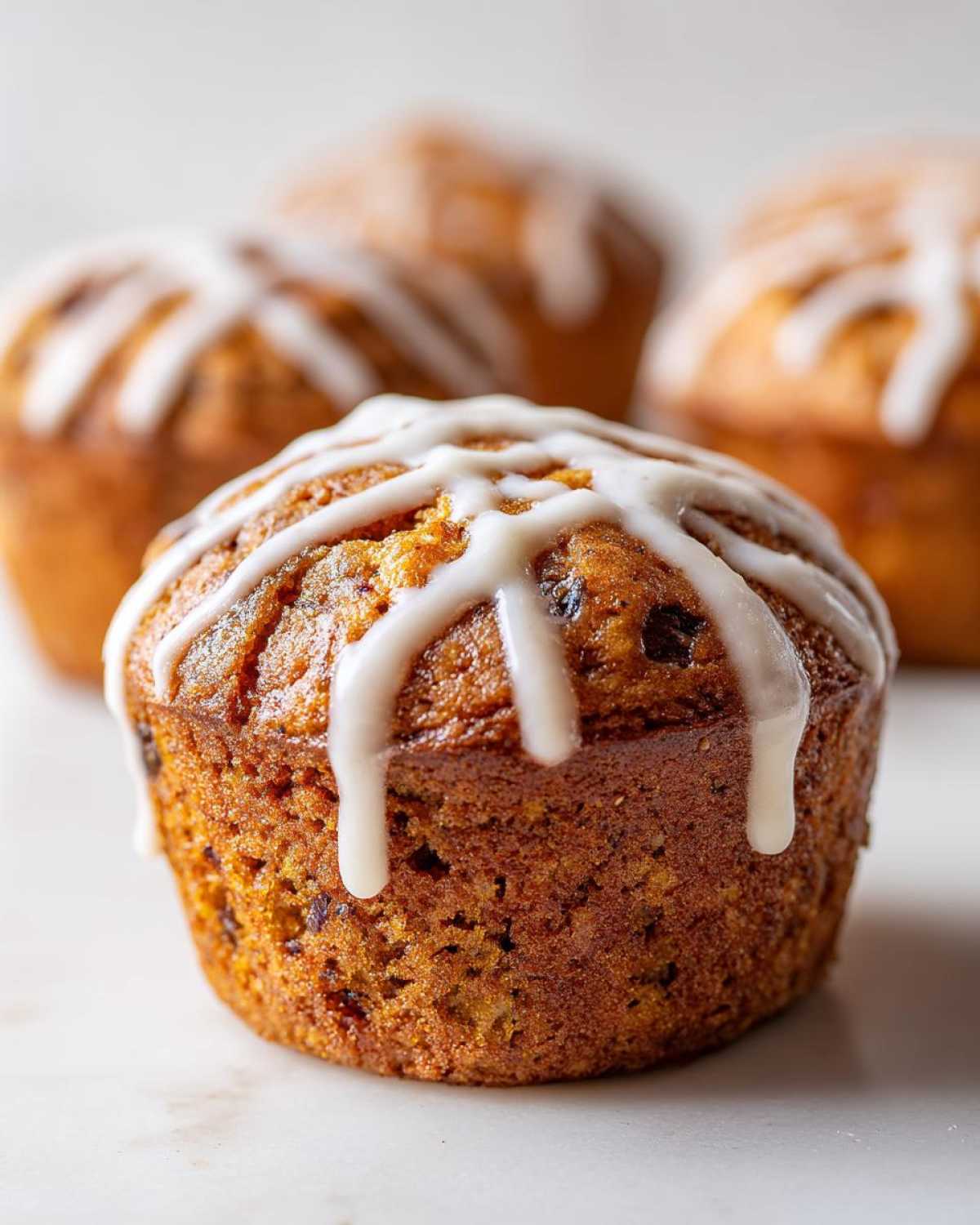 Close-up of one perfectly baked Gluten-Free Hot Cross Bun Muffin topped with white icing drizzle, with more muffins blurred in the background.