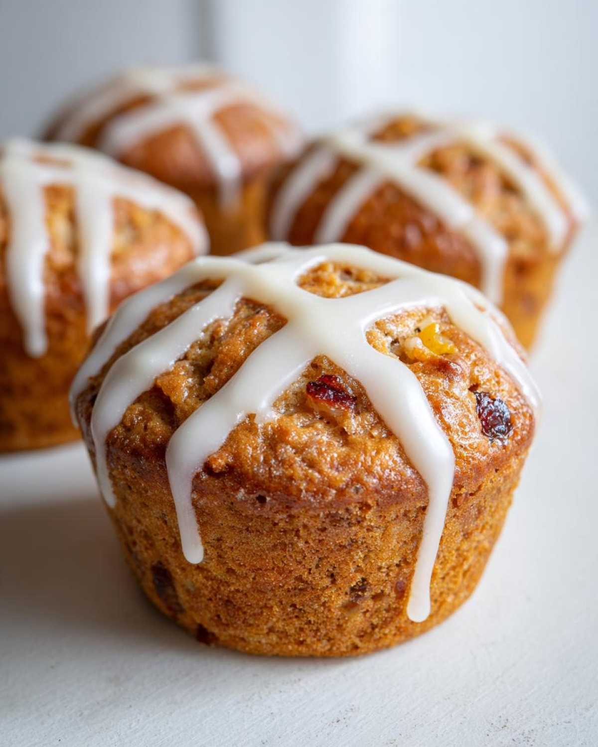 A close-up of a freshly baked Gluten-Free Hot Cross Bun Muffin topped with thick white icing forming a cross.