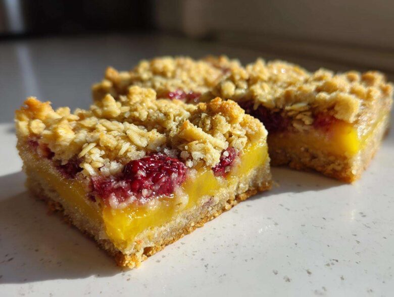 Two slices of Gluten-Free Lemon Berry Crumble Bars showing the bright yellow lemon layer and raspberry topping.