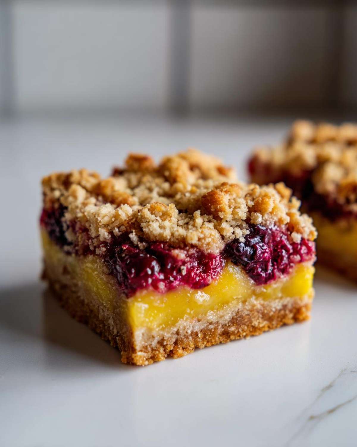 A single square of Gluten-Free Lemon Berry Crumble Bars showing a thick crust, bright yellow lemon filling, and berry topping with crumble.