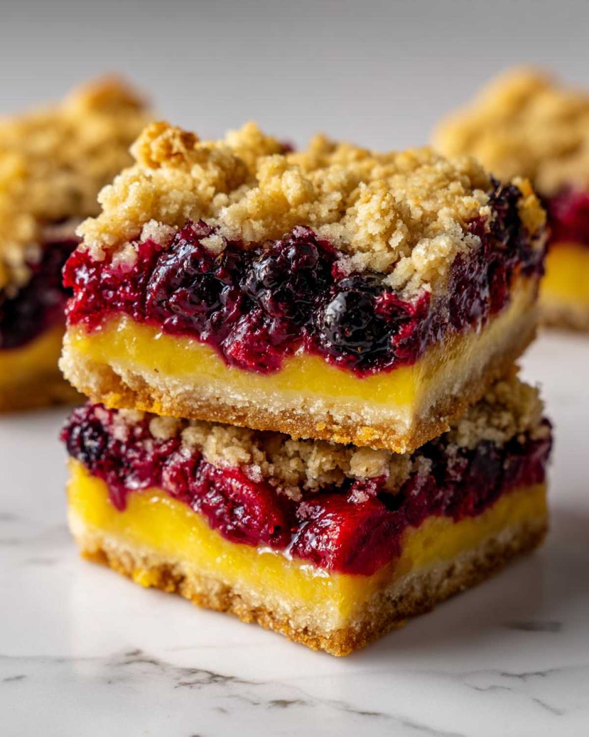 Two stacked squares of Gluten-Free Lemon Berry Crumble Bars showing bright yellow lemon curd, dark berries, and crumb topping.