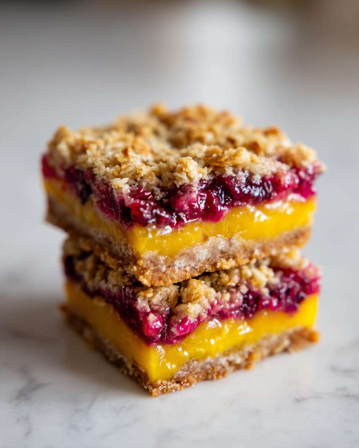 Two stacked Gluten-Free Lemon Berry Crumble Bars showing bright yellow lemon filling and berry topping.