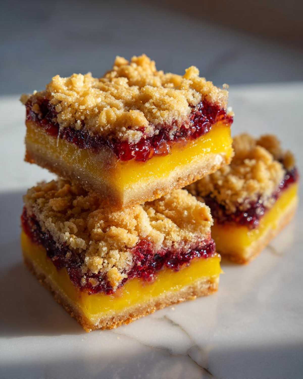 Three stacked Gluten-Free Lemon Berry Crumble Bars showing bright yellow lemon filling and berry layer under a crumbly topping.