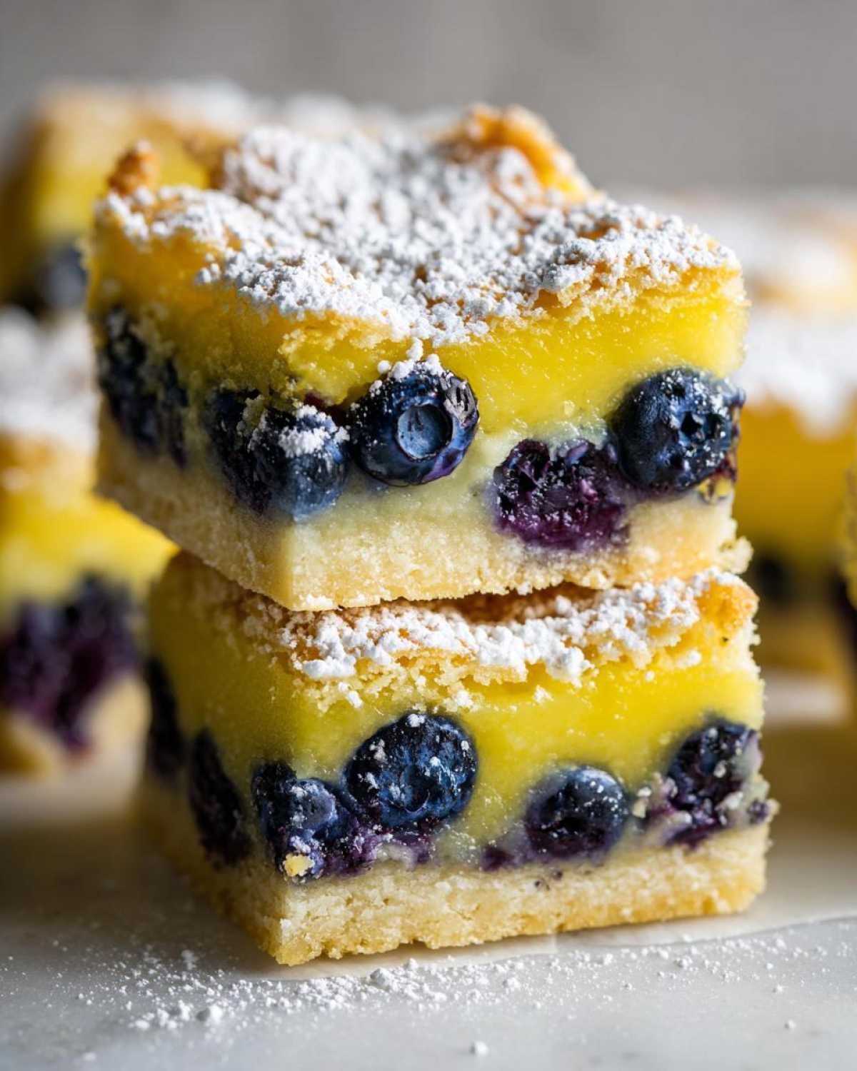 Two stacked squares of Gluten-Free Lemon Blueberry Layer Bars, featuring a thick shortbread crust, bright yellow lemon filling, and whole blueberries, dusted with powdered sugar.