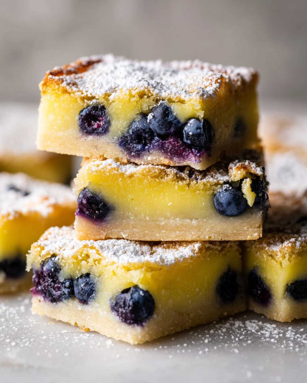 Close-up of stacked Gluten-Free Lemon Blueberry Layer Bars, showing a thick crust and bright yellow filling studded with blueberries, dusted with powdered sugar.