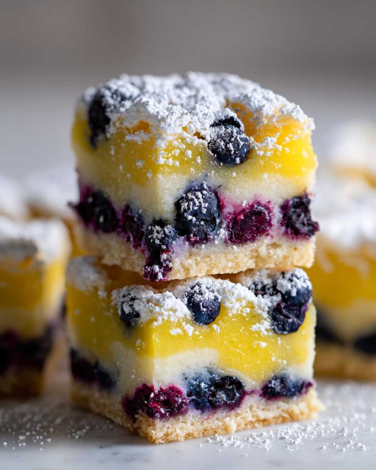 Two stacked squares of Gluten-Free Lemon Blueberry Layer Bars, featuring a crust, blueberry layer, and bright yellow lemon topping dusted with powdered sugar.