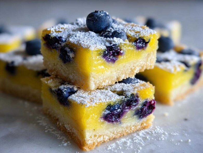 Two stacked squares of bright yellow Gluten-Free Lemon Blueberry Layer Bars, topped with fresh blueberries and powdered sugar.