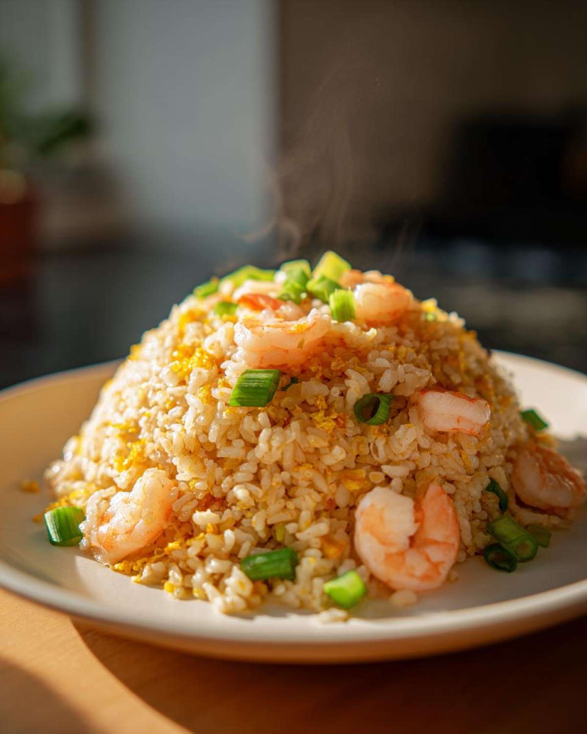A mound of hot Gluten-Free Lemon Pepper Fried Rice topped with shrimp and green onions on a white plate.