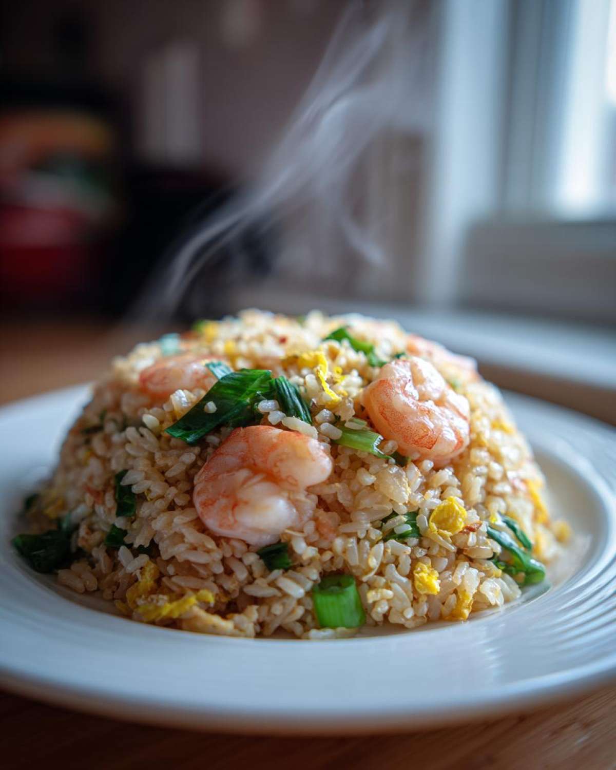 A mound of hot Gluten-Free Lemon Pepper Fried Rice topped with pink shrimp, scrambled egg, and green onions, steaming slightly.