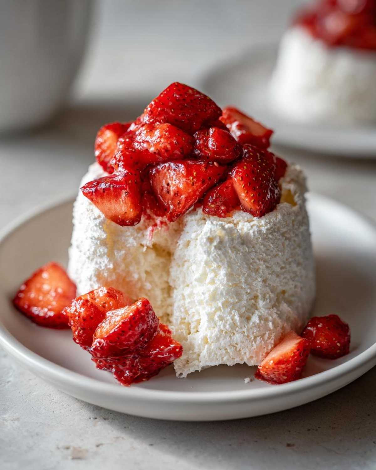 Close-up of a Gluten-Free Lemon Strawberry Angel Food Cup topped with macerated strawberries.