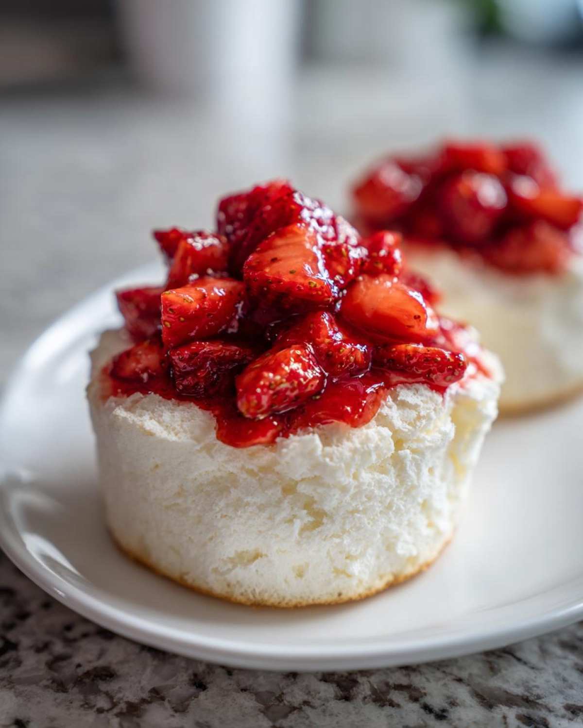 Close-up of a fluffy Gluten-Free Lemon Strawberry Angel Food Cup topped with macerated strawberries.