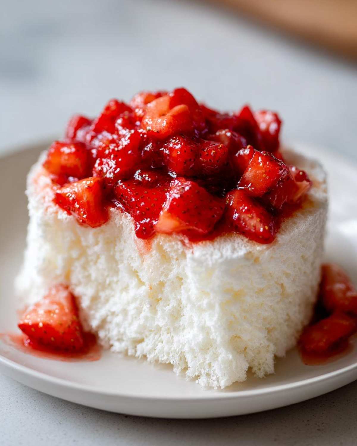 A close-up of a fluffy white Gluten-Free Lemon Strawberry Angel Food Cup topped with macerated strawberries.