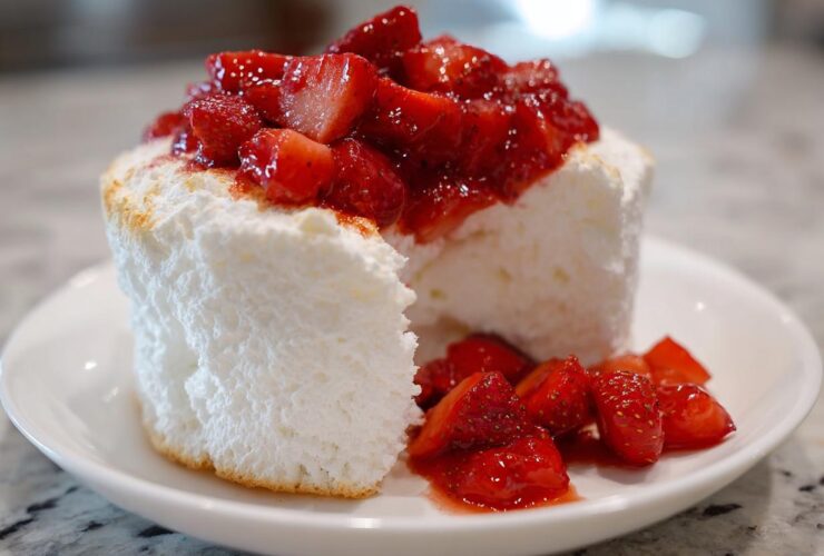 Close-up of a slice of fluffy Gluten-Free Lemon Strawberry Angel Food Cup topped with macerated strawberries.
