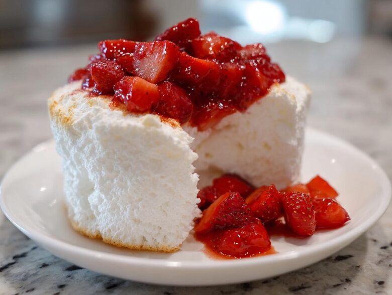 Close-up of a slice of fluffy Gluten-Free Lemon Strawberry Angel Food Cup topped with macerated strawberries.