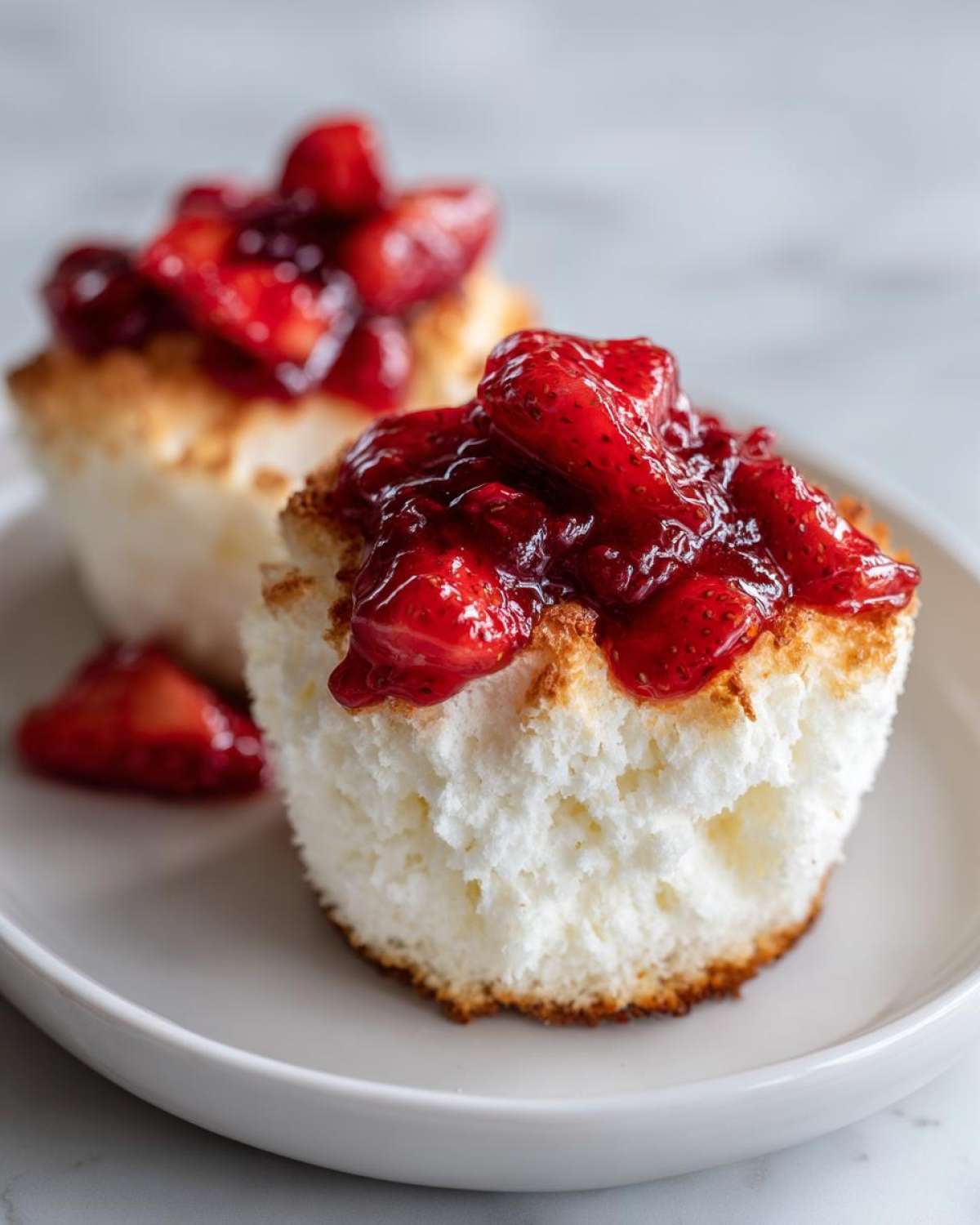 Close-up of a fluffy Gluten-Free Lemon Strawberry Angel Food Cup topped with glistening macerated strawberries.