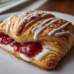 A close-up of one flaky Gluten-Free Strawberry Cream Cheese Danish filled with cream cheese and strawberry jam, topped with icing.
