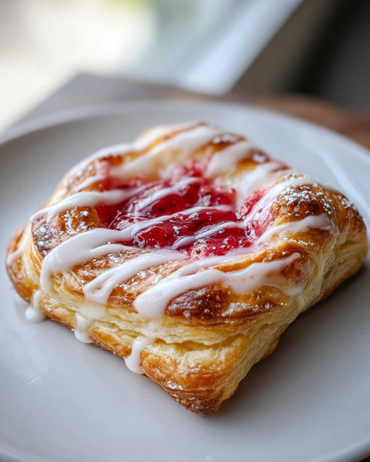A close-up of one flaky Gluten-Free Strawberry Cream Cheese Danish with white icing drizzle and powdered sugar.