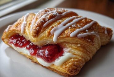 A close-up of one flaky Gluten-Free Strawberry Cream Cheese Danish filled with cream cheese and strawberry jam, topped with icing.