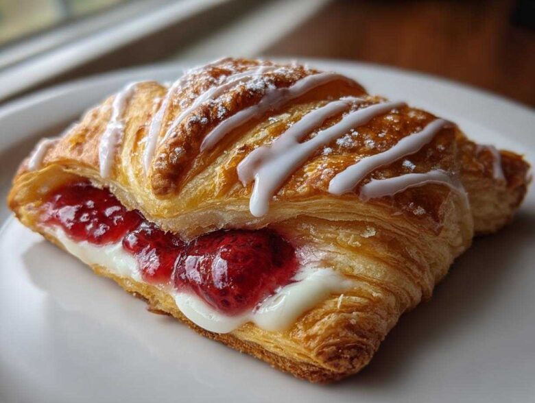 A close-up of one flaky Gluten-Free Strawberry Cream Cheese Danish filled with cream cheese and strawberry jam, topped with icing.
