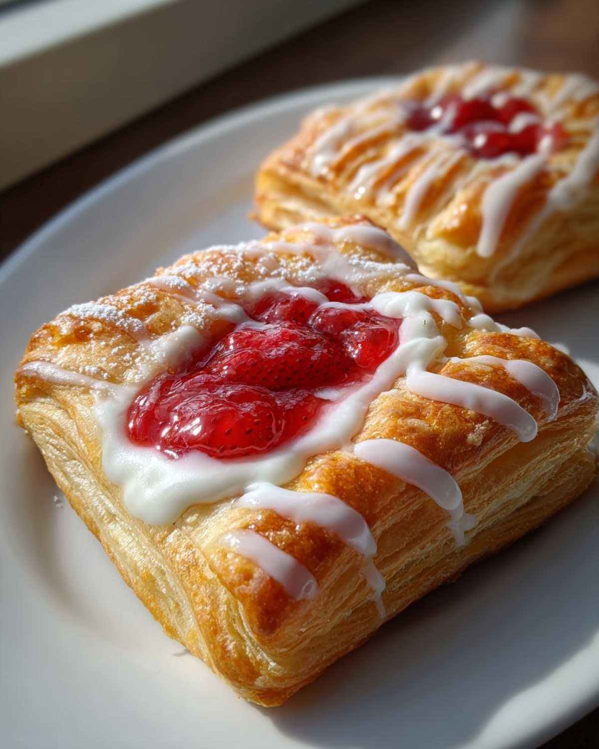 Close-up of a flaky Gluten-Free Strawberry Cream Cheese Danish topped with strawberry filling and white icing.