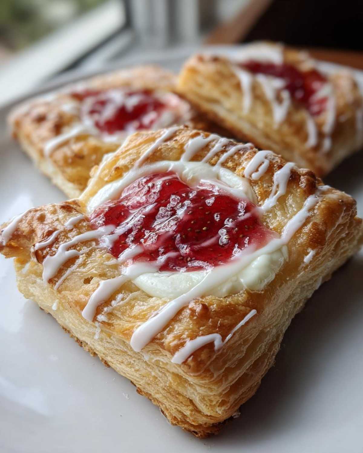 Close-up of a flaky Gluten-Free Strawberry Cream Cheese Danish topped with cream cheese, strawberry jam, and white icing drizzle.