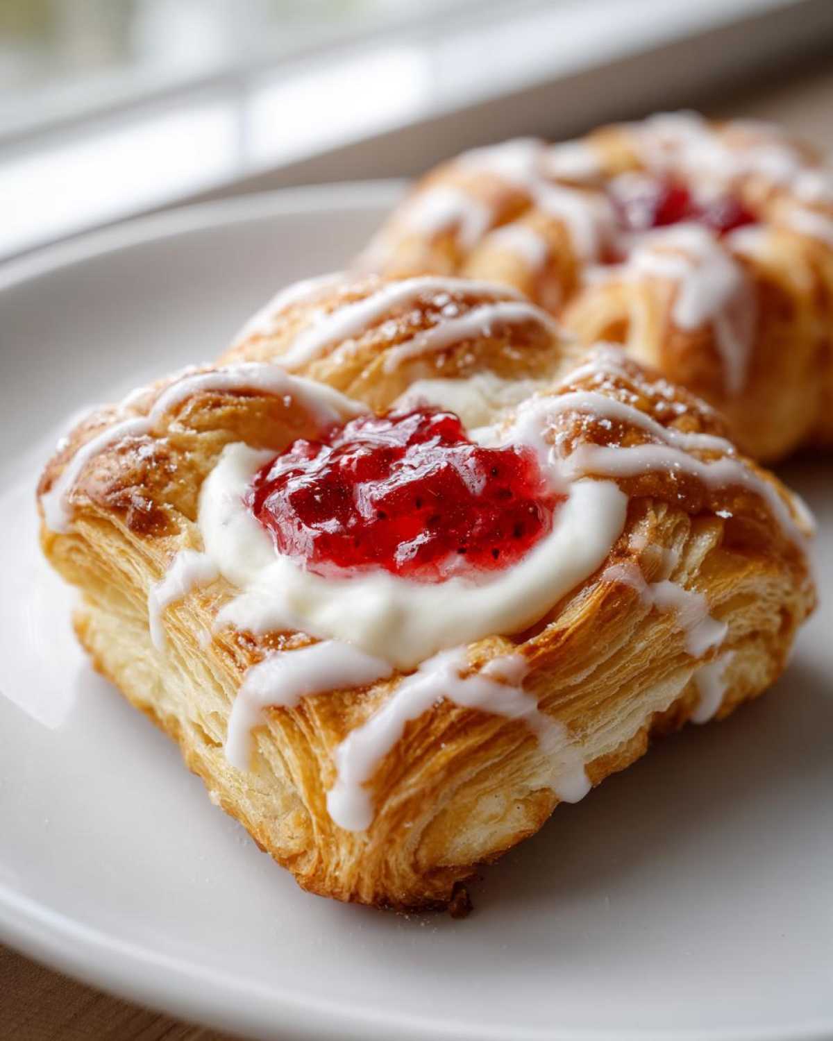Close-up of a flaky Gluten-Free Strawberry Cream Cheese Danish topped with white icing.
