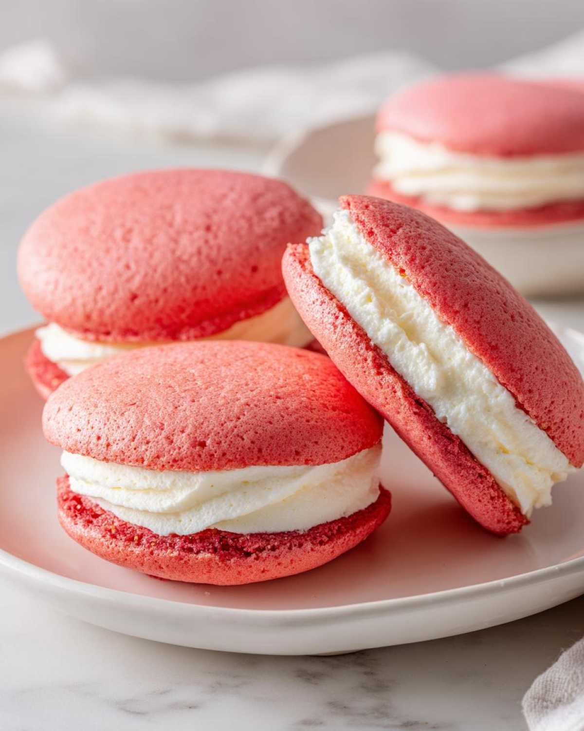 Three bright pink Gluten-Free Strawberry Lemon Whoopie Pies filled with thick white cream frosting on a light plate.
