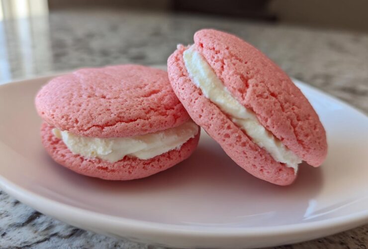 Close-up of two pink Gluten-Free Strawberry Lemon Whoopie Pies filled with white cream, resting on a light pink plate.
