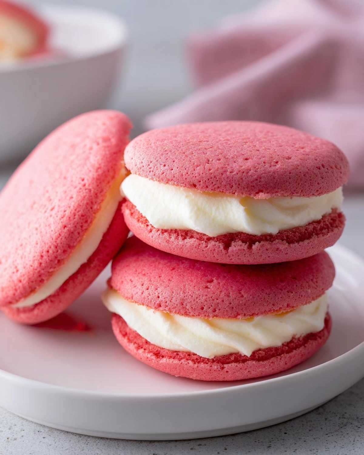 Close-up of stacked pink Gluten-Free Strawberry Lemon Whoopie Pies with creamy white filling.