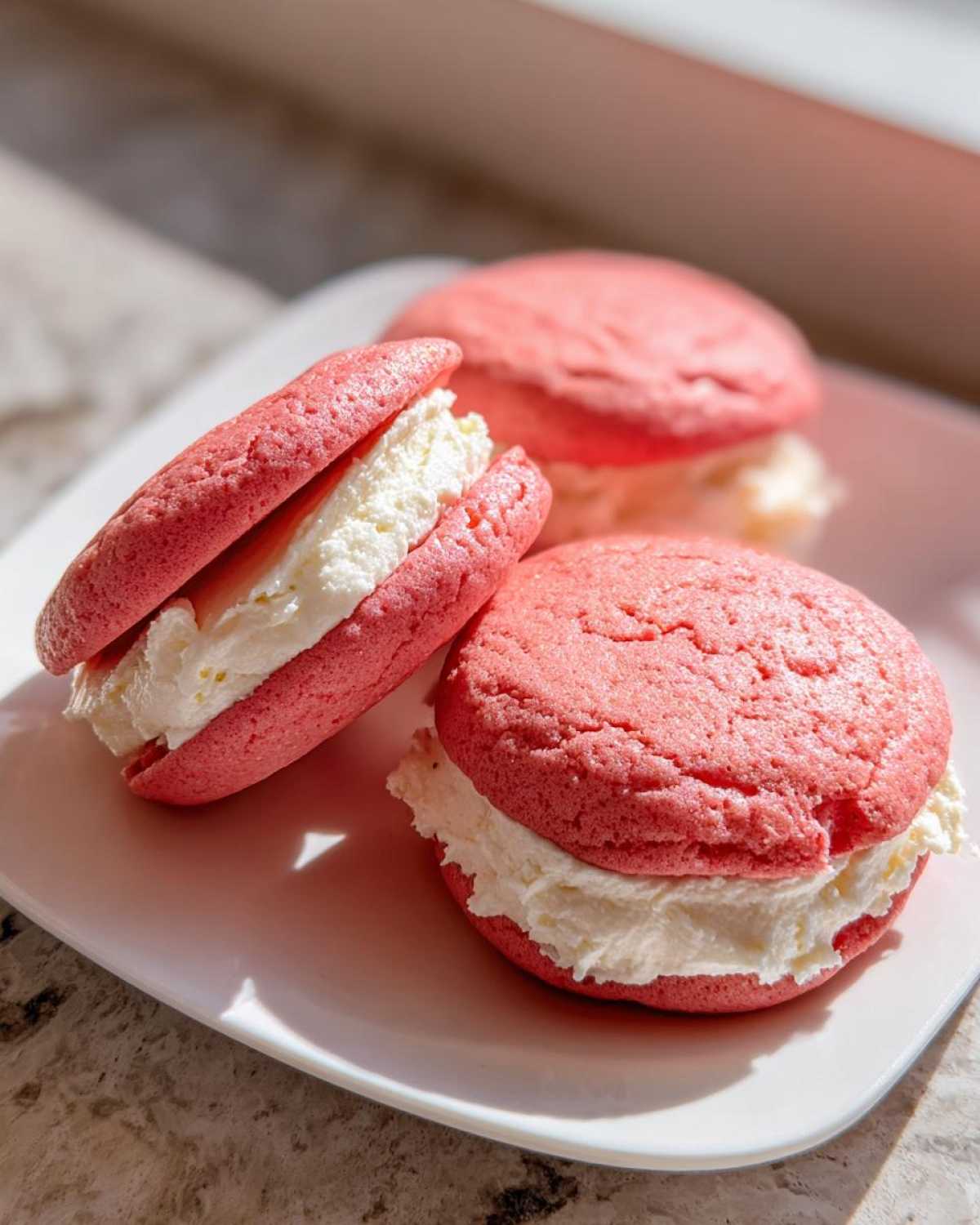 Three bright pink Gluten-Free Strawberry Lemon Whoopie Pies filled with thick white cream, arranged on a white plate.