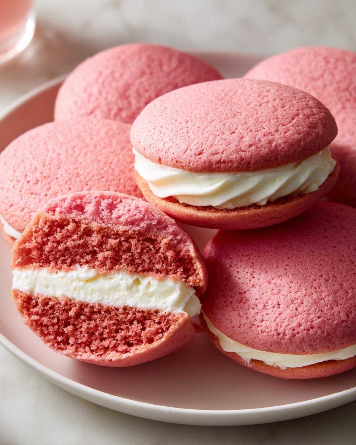 A close-up of several pink Gluten-Free Strawberry Lemon Whoopie Pies, one cut in half showing the creamy white filling.