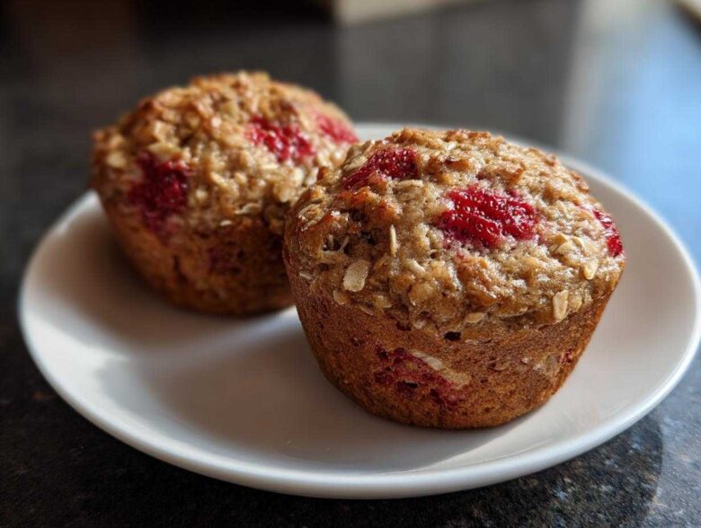 Two perfectly baked Gluten-Free Strawberry Oat Muffins topped with visible oats and bright red strawberry pieces.