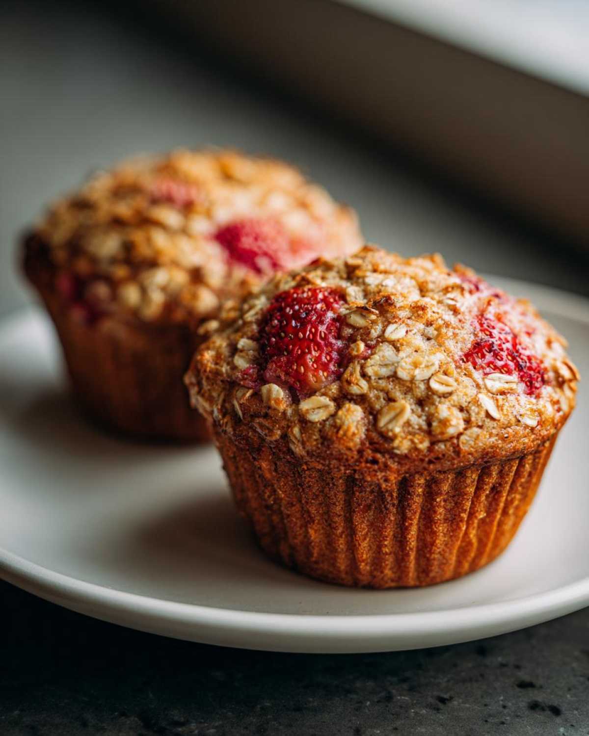 Two moist Gluten-Free Strawberry Oat Muffins topped with oats and baked strawberries sitting on a white plate.