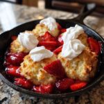 Close-up of warm Gluten-Free Strawberry Shortcake Skillet topped with fresh strawberries and dollops of whipped cream.