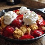Close-up of a warm Gluten-Free Strawberry Shortcake Skillet topped with fresh strawberries and dollops of whipped cream.