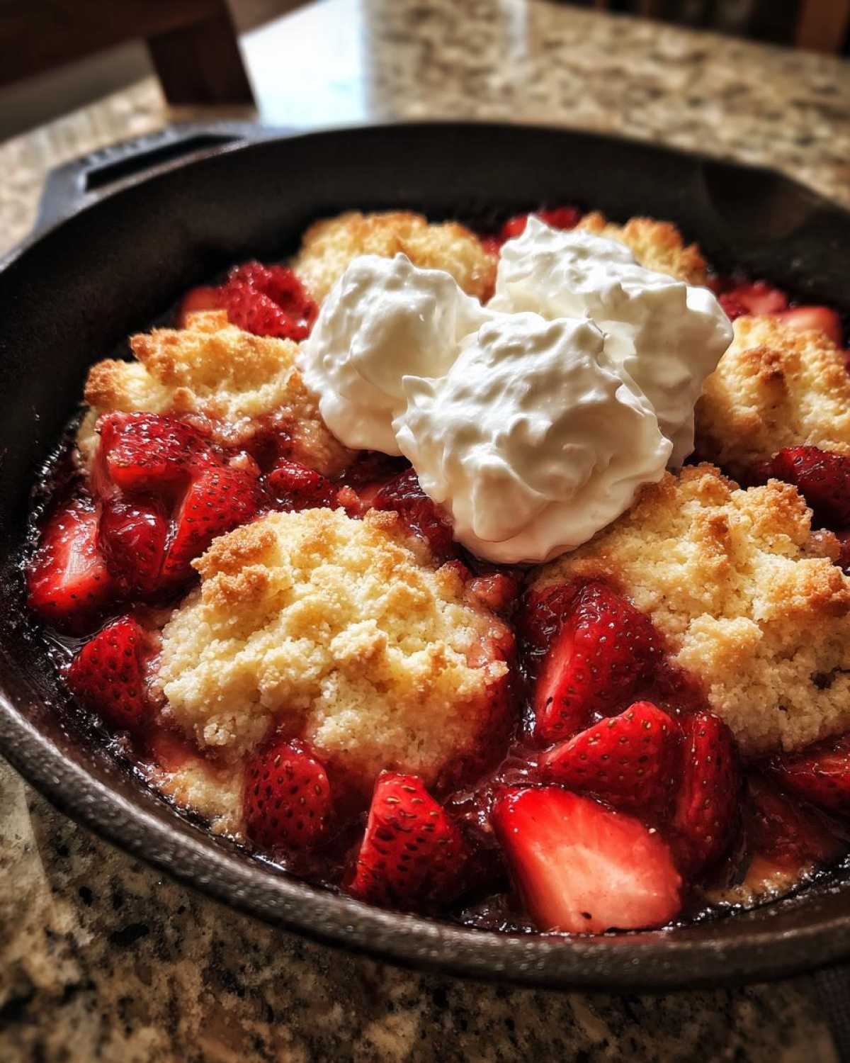 Close-up of a warm Gluten-Free Strawberry Shortcake Skillet topped with dollops of fresh whipped cream.