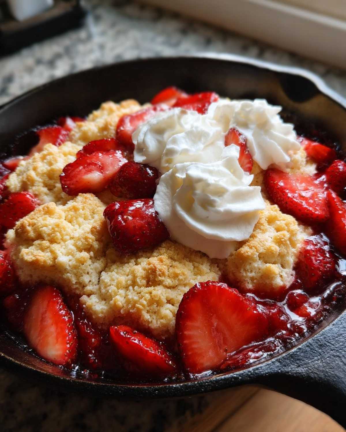 Close-up of a warm Gluten-Free Strawberry Shortcake Skillet topped with fresh strawberries and dollops of whipped cream.