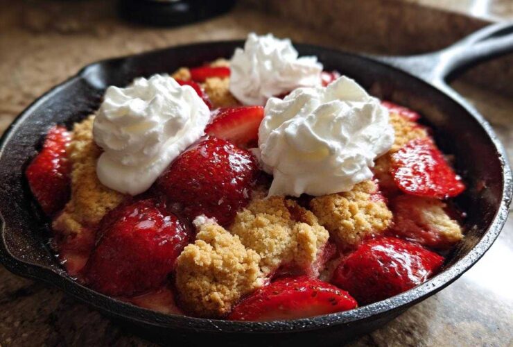 Close-up of a warm Gluten-Free Strawberry Shortcake Skillet topped with fresh strawberries and dollops of whipped cream.