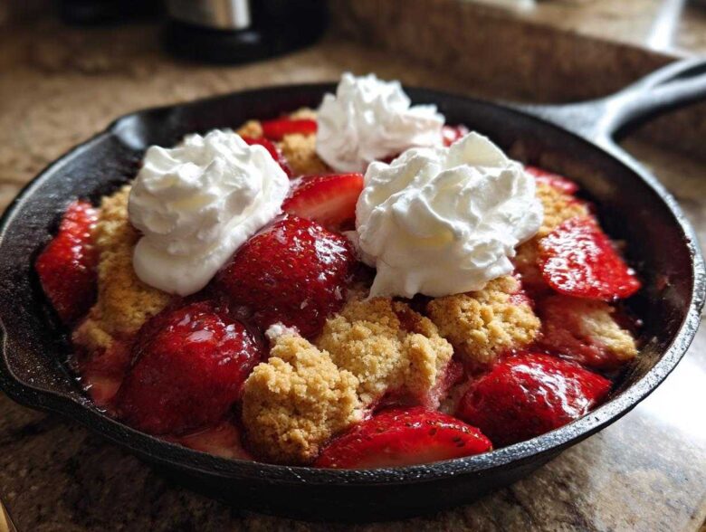 Close-up of a warm Gluten-Free Strawberry Shortcake Skillet topped with fresh strawberries and dollops of whipped cream.