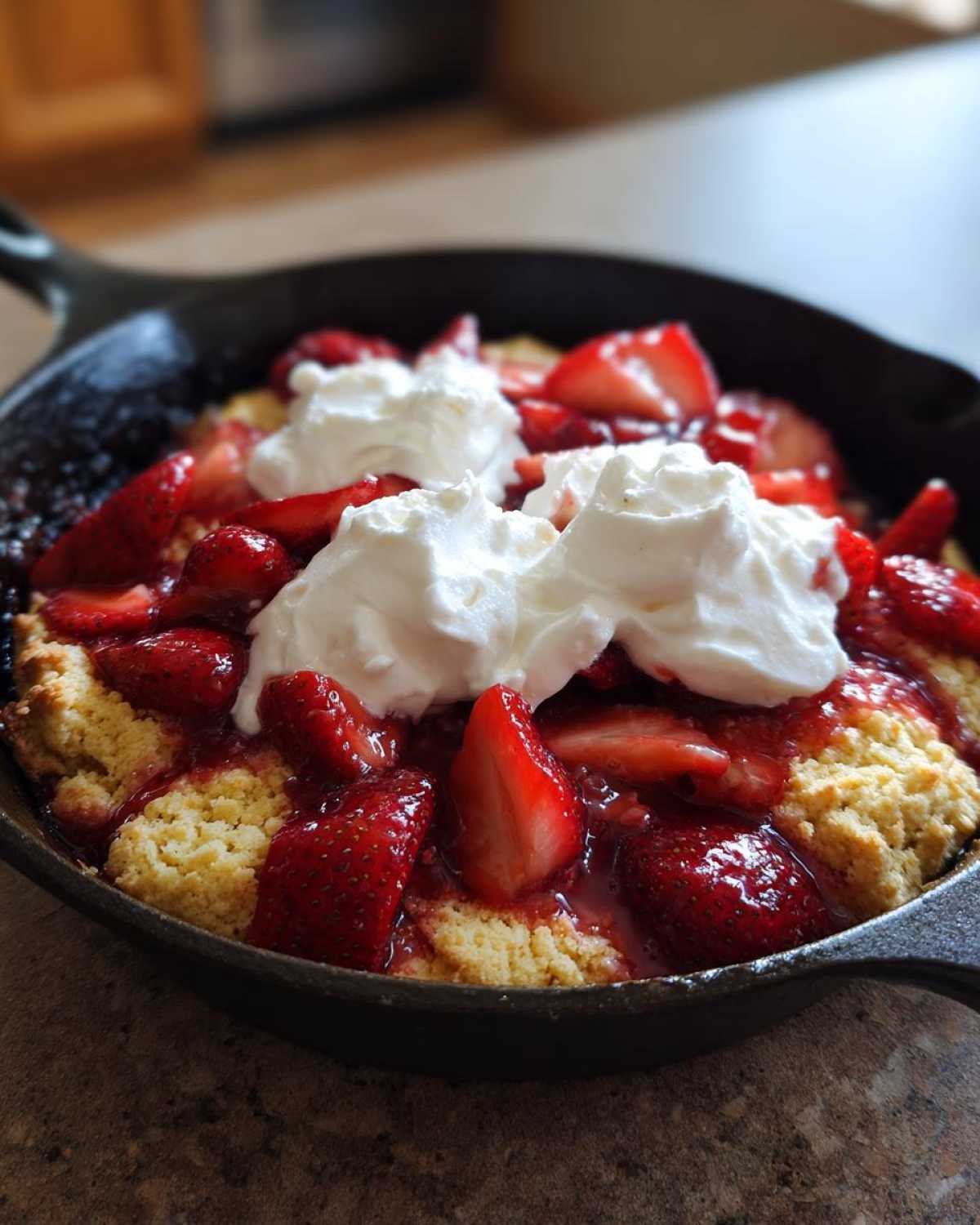 Close-up of a warm Gluten-Free Strawberry Shortcake Skillet topped with macerated strawberries and dollops of whipped cream.