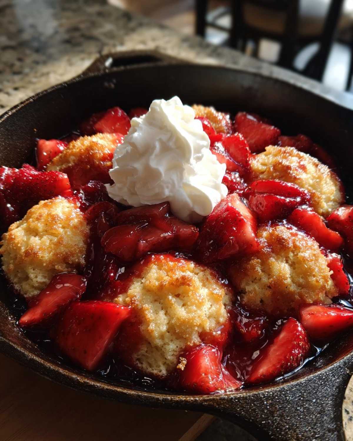 Close-up of warm Gluten-Free Strawberry Shortcake Skillet topped with fresh whipped cream.