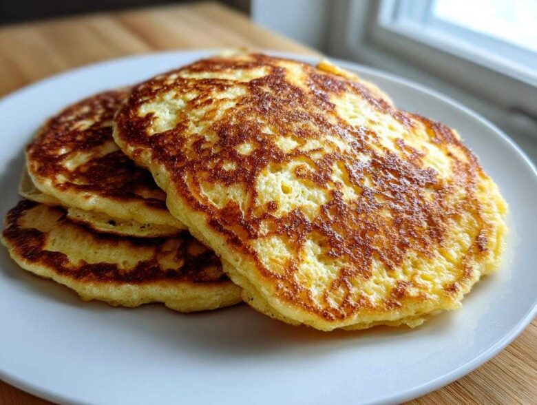 A stack of three perfectly cooked, golden brown Cornmeal Pancakes served on a white plate.