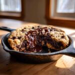 Close-up of a warm Gluten-Free Chocolate Chip Skillet Cookie with molten chocolate oozing out of a scooped section.