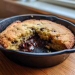 Close-up of a gooey Gluten-Free Chocolate Chip Skillet Cookie broken open to show melted chocolate.