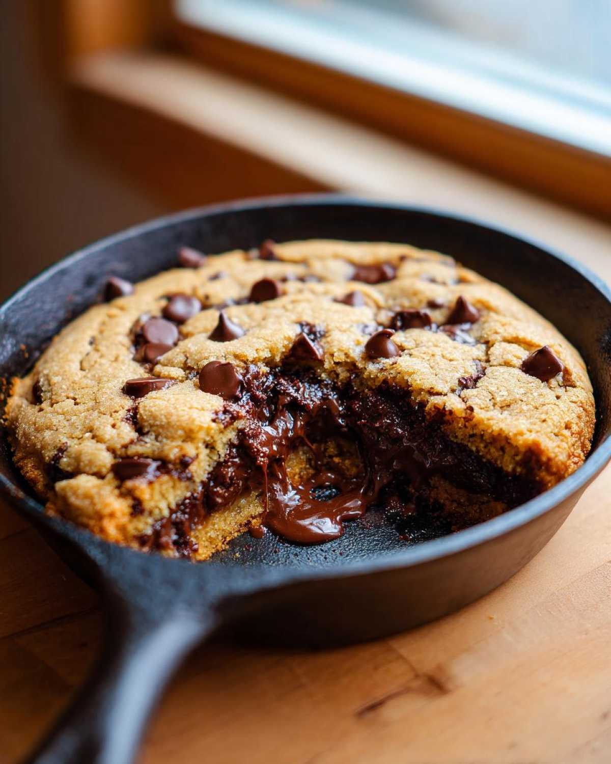 A gooey Gluten-Free Chocolate Chip Skillet Cookie with melted chocolate oozing out of a serving section in a cast iron pan.