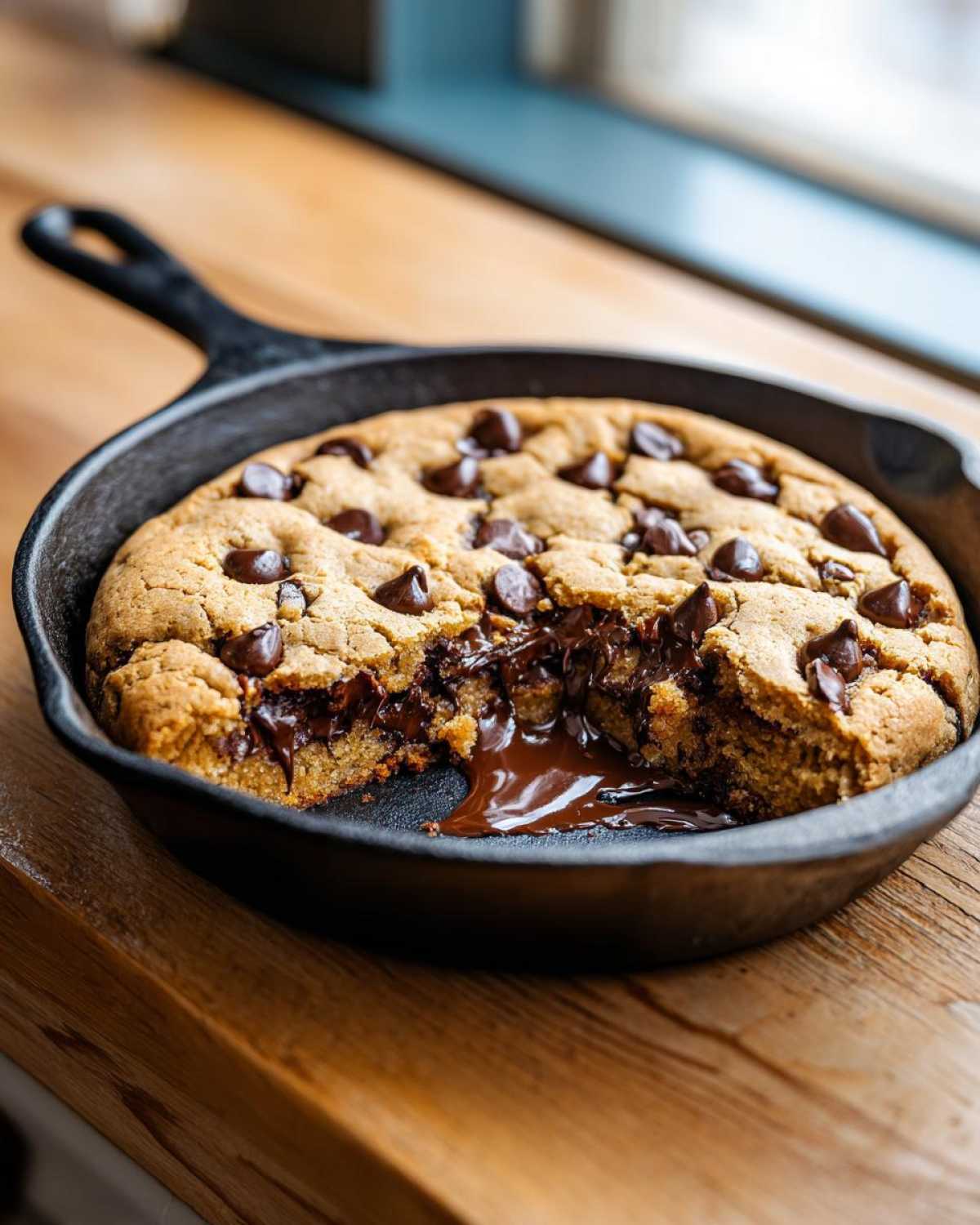 A gooey Gluten-Free Chocolate Chip Skillet Cookie baked in a cast-iron pan with melted chocolate oozing out.
