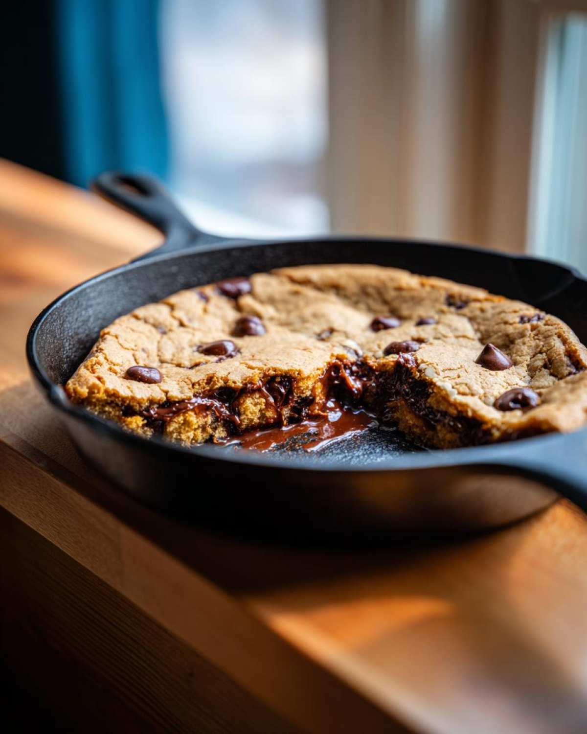 A warm, gooey Gluten-Free Chocolate Chip Skillet Cookie with a scoop removed, showing melted chocolate in a black cast iron pan.